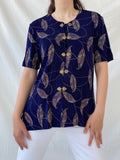 Vintage Navy Blue Gold Leaf Print Cardigan Blouse with Ornate Bronze Clasp Closures - L