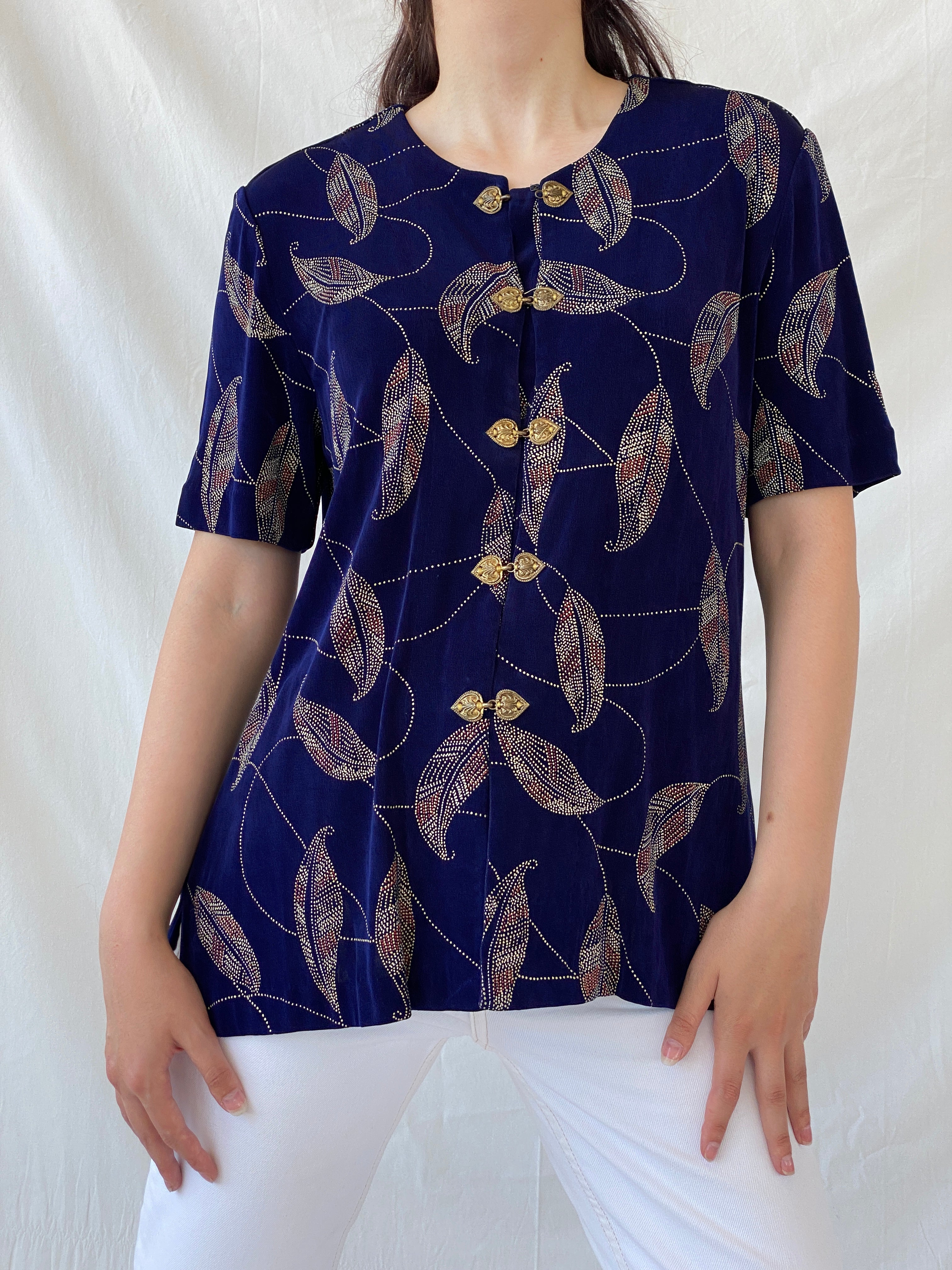 Vintage Navy Blue Gold Leaf Print Cardigan Blouse with Ornate Bronze Clasp Closures - L