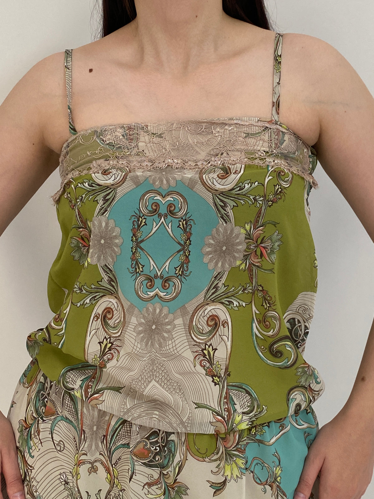 Y2K Rina Scimento Green Baroque Print Lace Trim Mini Dress – S