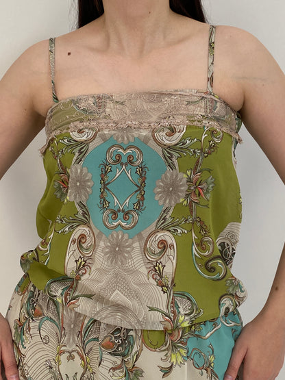 Y2K Rina Scimento Green Baroque Print Lace Trim Mini Dress – S
