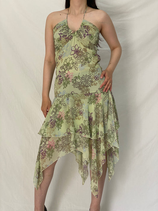 Y2K Portmans Pastel Green Floral Handkerchief Hem Halter Dress - M