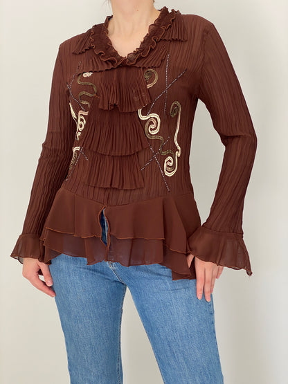 Vintage Whimsy Brown Sheer Pleated Embroidered Ruffle Top – L