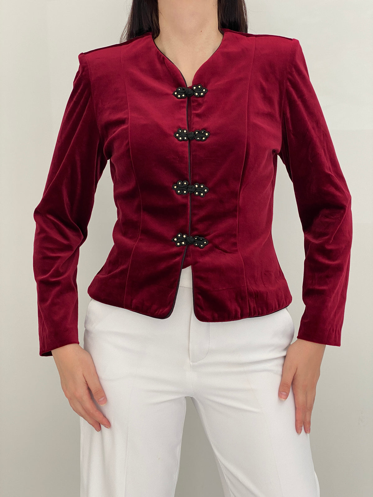 Vintage 90s Maren Burgundy Velvet Jacket with Frog Closures - M
