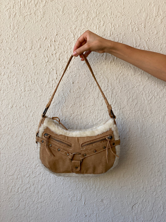 Y2K Shearling Brown Shoulder Bag with Fuzzy Trim & Stud Details Purse