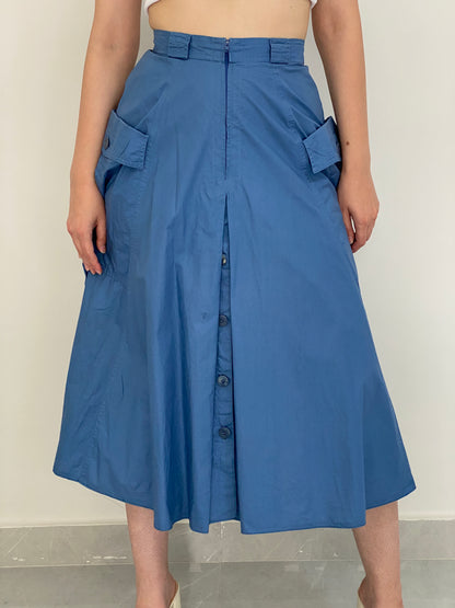 Vintage L’Estelle Dusty Blue High-Waisted A-Line Utility Cargo Midi Skirt - 36EUR