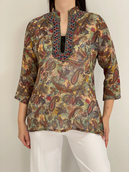 Vintage Y2K Makon Multicolor Paisley Embroidered Sheer Tunic Blouse - L