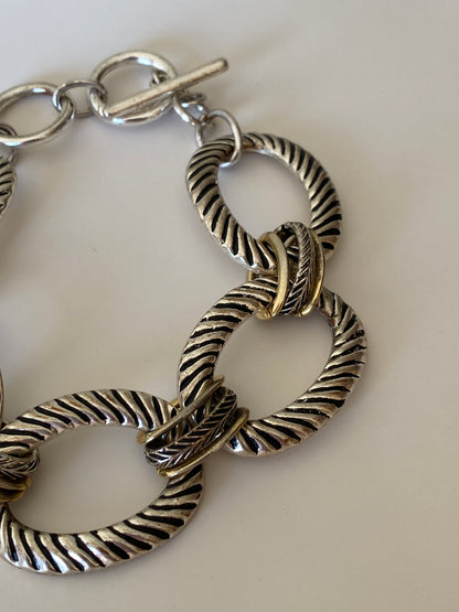 Vintage Chunky Textured Link Bracelet Silver & Gold-Tone Oval Links with Toggle Clasp