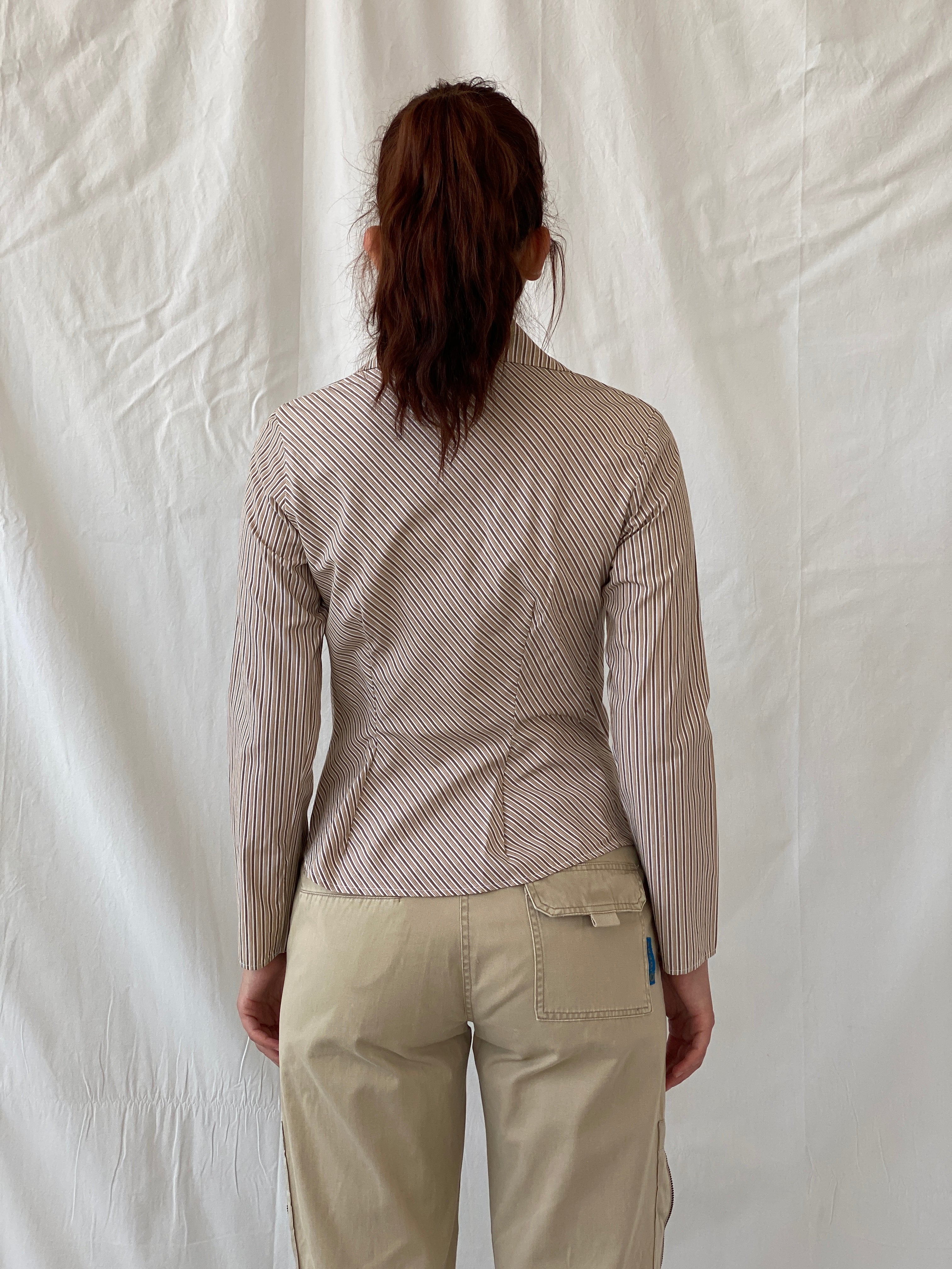 Y2K Rampage Striped Beige Long Sleeve Office Women’s Cotton Shirt - M