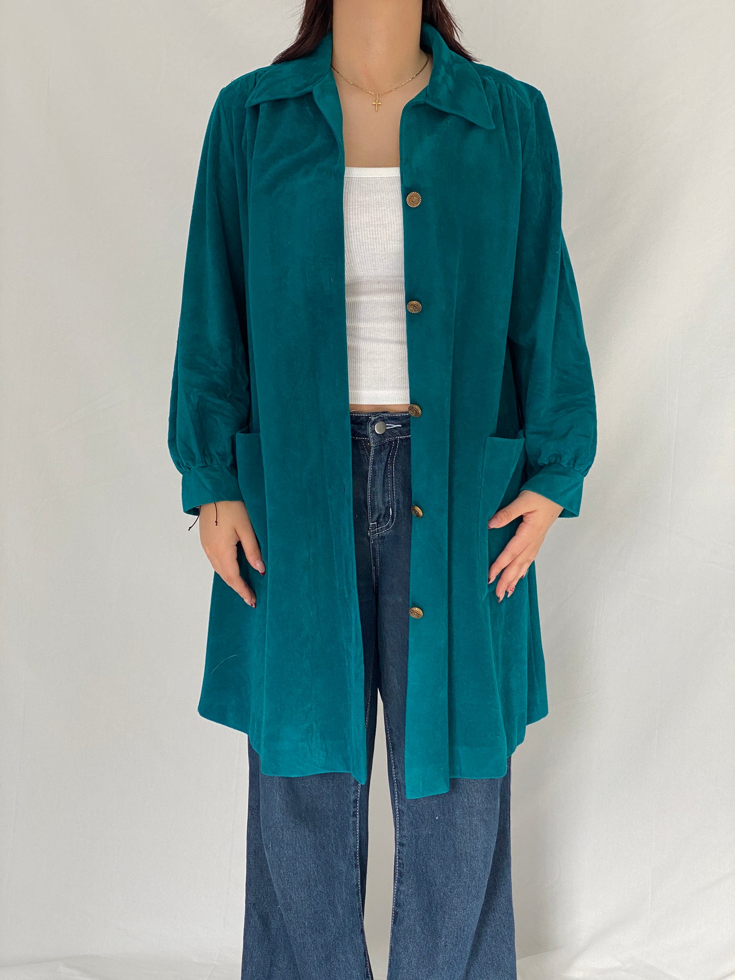 Vintage Vanity Fair Teal Velvet Kimono-Style Jacket with Gold Buttons - L