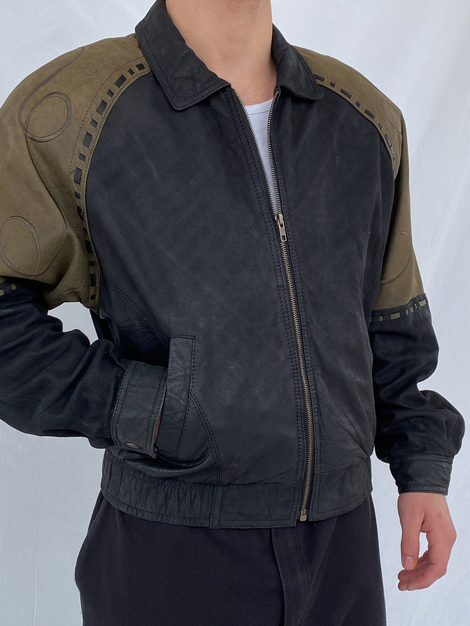 Vintage 90s IOU MCMXC Euro Mode Men’s Black Green Shoulder Patch Leather Bomber Jacket - S