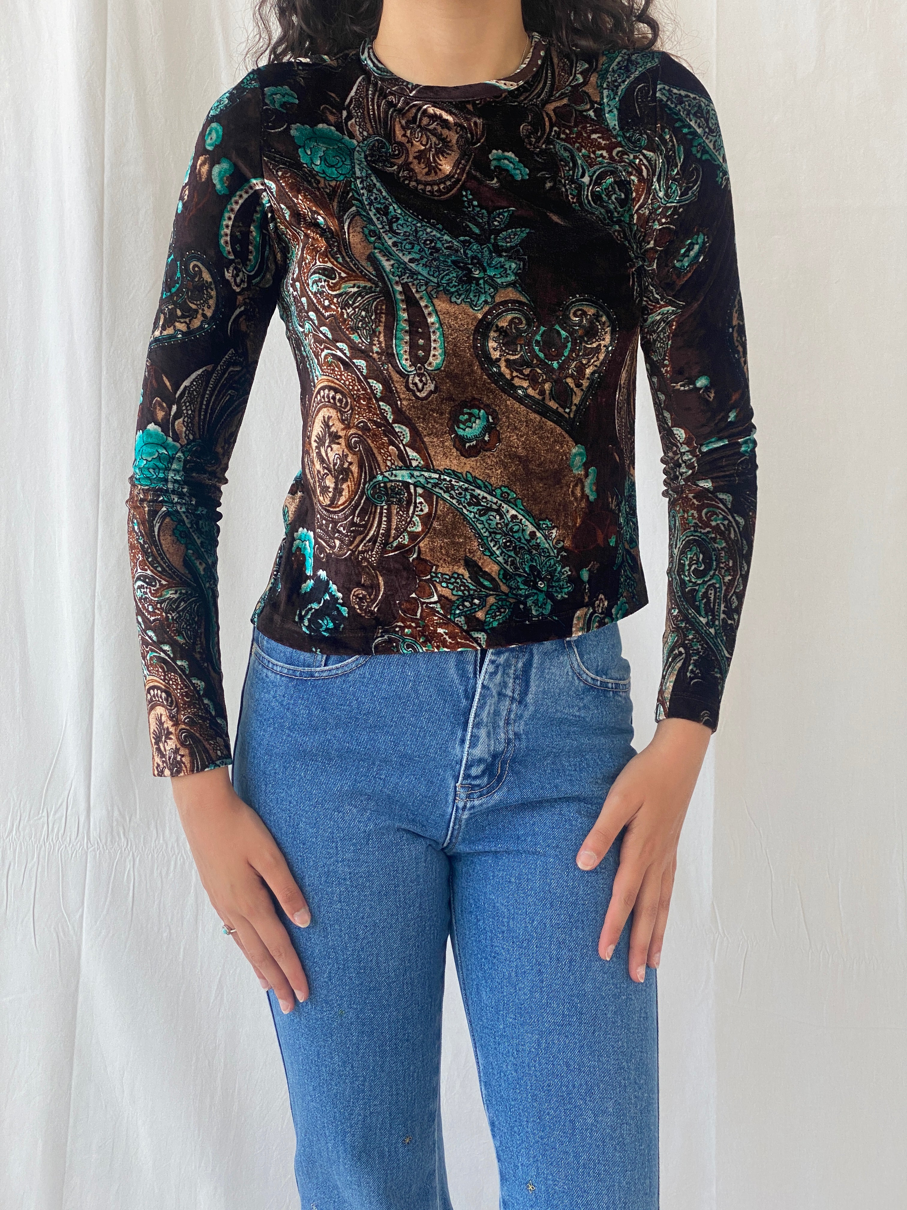 Vintage Y2K Plaka Paisley Print Velvet Full Sleeve Women’s Top - S