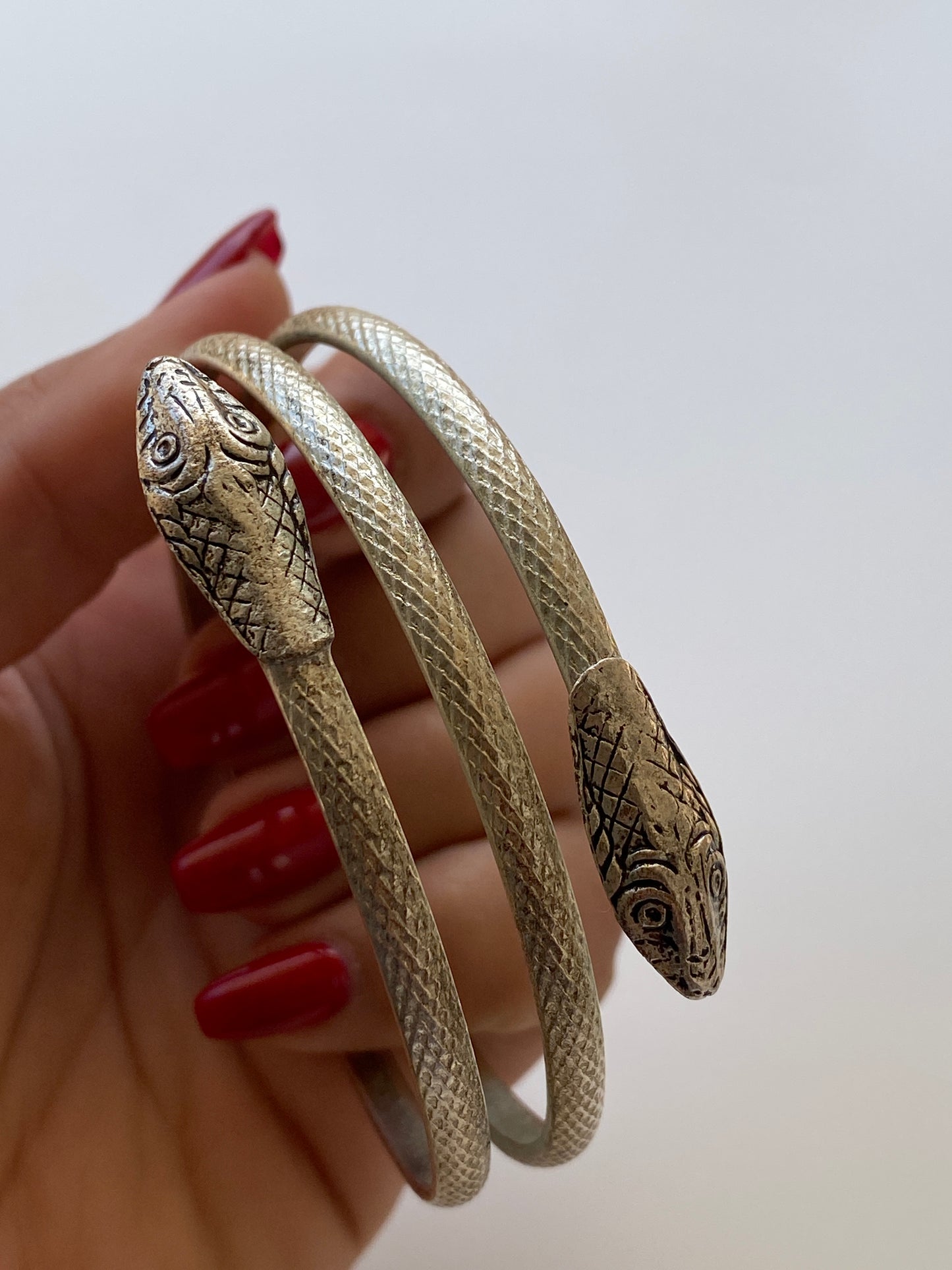 Vintage Silver Tone Double Snake Head Coil Wrap Bracelet Serpent Cuff