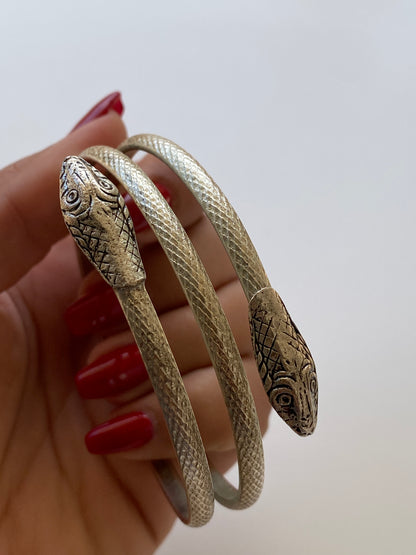 Vintage Silver Tone Double Snake Head Coil Wrap Bracelet Serpent Cuff