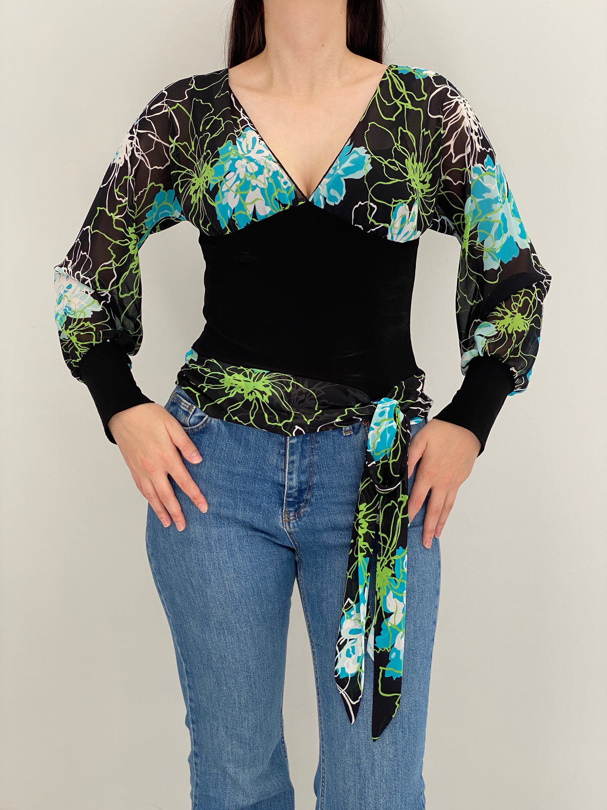Vintage Y2K Co-me Como Black Floral Sheer Wrap Tie Top - M