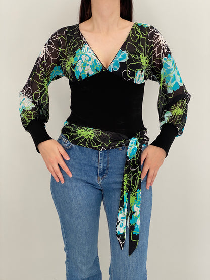 Vintage Y2K Co-me Como Black Floral Sheer Wrap Tie Top - M