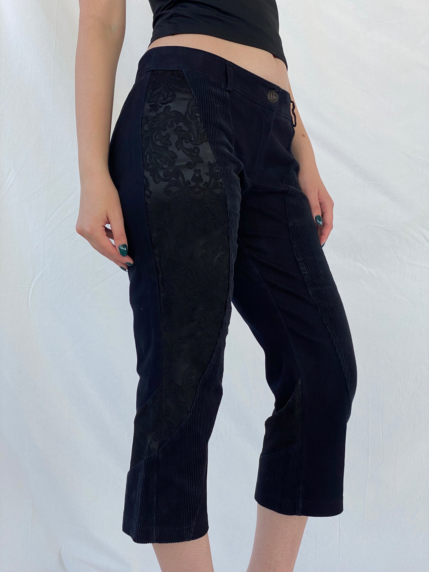 Y2K Sfarzo Milano Black Corduroy Patched Capri Pants - 44EUR