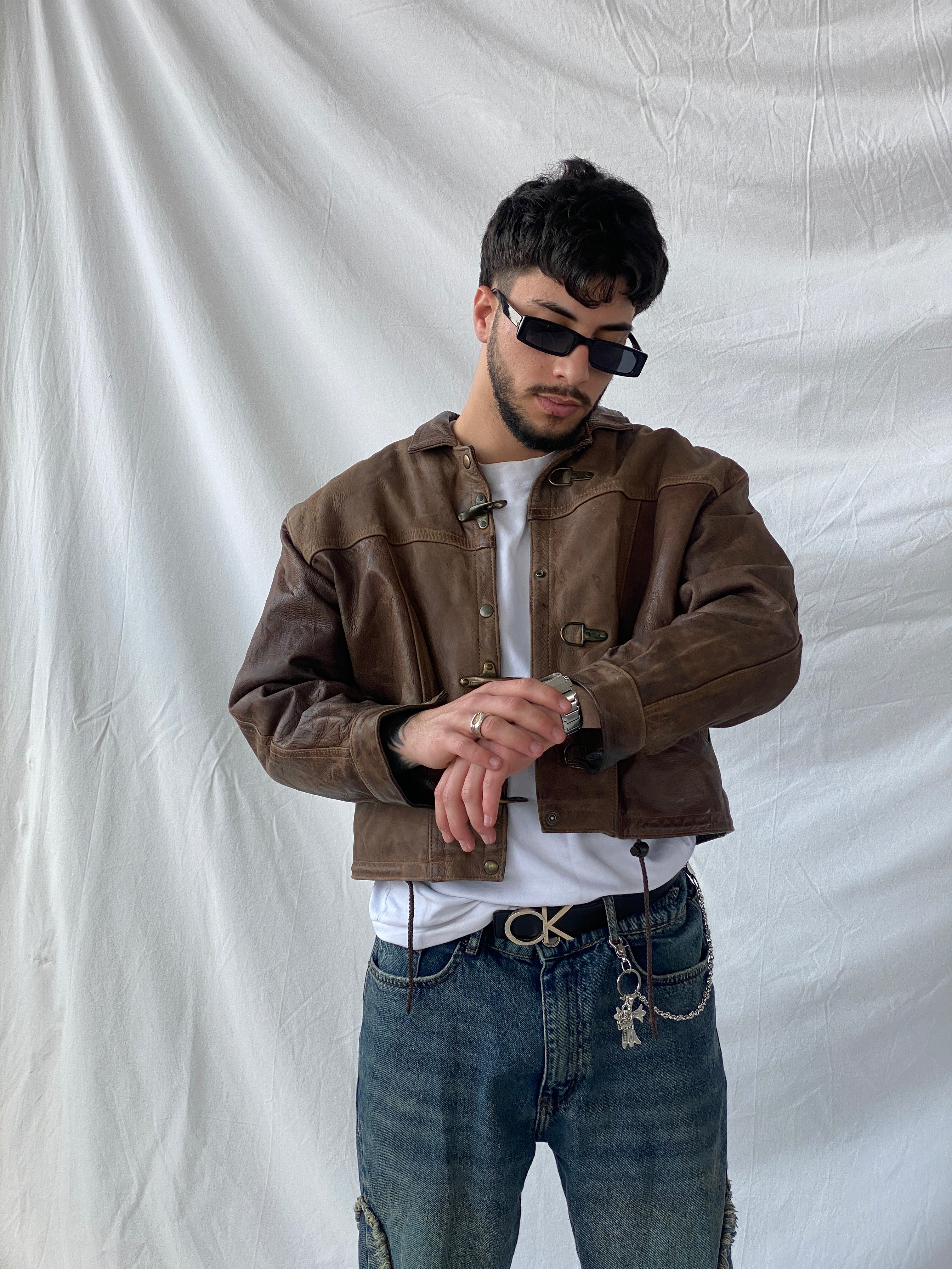 Vintage GELY CUIR Paris Genuine Brown Leather Cropped Heavy Bomber Jacket - S