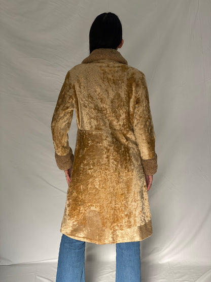 Vintage Palon Camel Plush Faux Fur Coat 70s Style Textured Winter Coat with Fur Collar - M