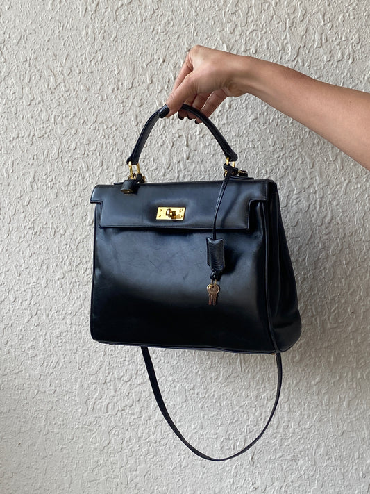 Vintage 1960s-1970s Susan Gail Structured Black Leather Kelly Bag Gold Turn Lock Top Handle