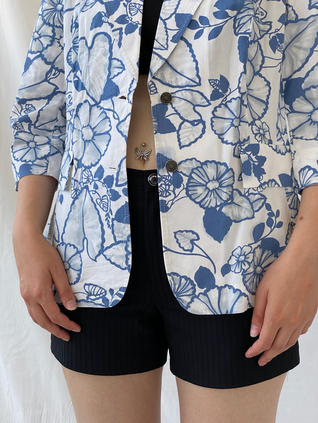 Y2K Nancy Co White Blue Floral Linen Blend Oversized Fit Blazer - L