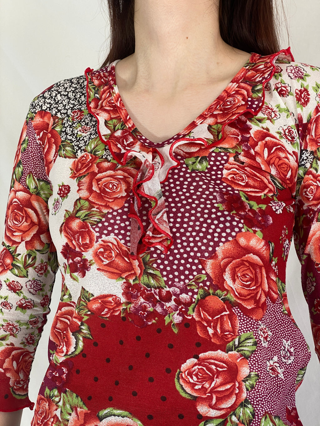 Y2K ESCARCHA Collection Red & Rose Floral Sheer Ruffle Top - M