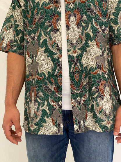 Vintage 90s Malaysia Collection Green Batik Paisley Cotton Short Sleeve Shirt - L