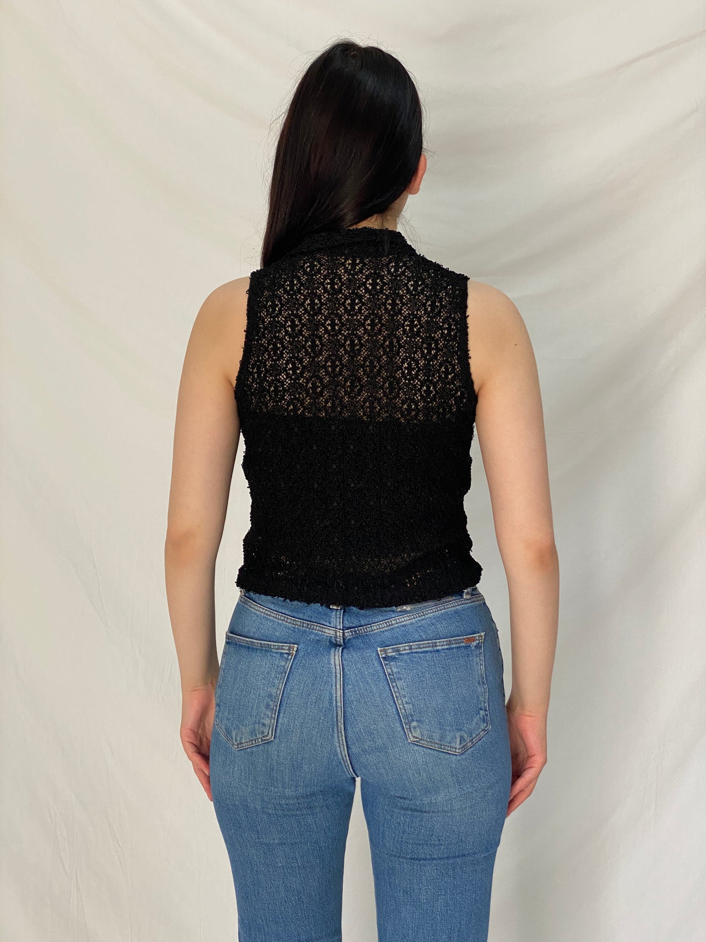 Y2K Black Crochet Knit Sleeveless Button-Up Cropped See Through Shirt – S