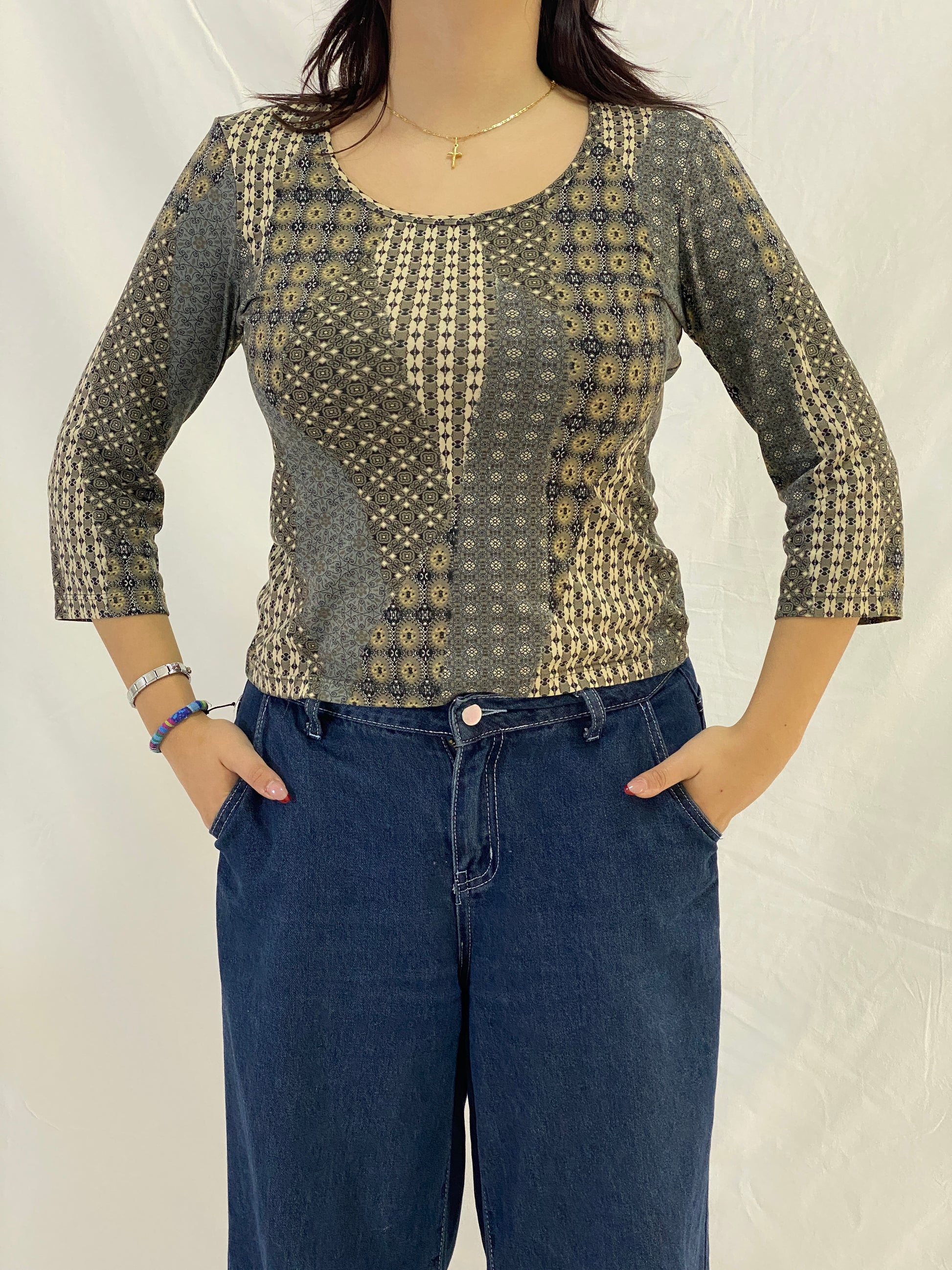 Vintage Aquarelle Patchwork Print 3/4 Sleeve Stretch Top - Neutral Brown & Olive - M Vintage Aquarelle Patchwork Print 3/4 Sleeve Stretch Top - Neutral Brown & Olive - M