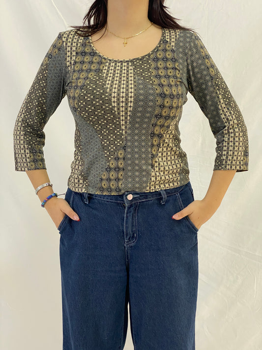 Vintage Aquarelle Patchwork Print 3/4 Sleeve Stretch Top - Neutral Brown & Olive - M