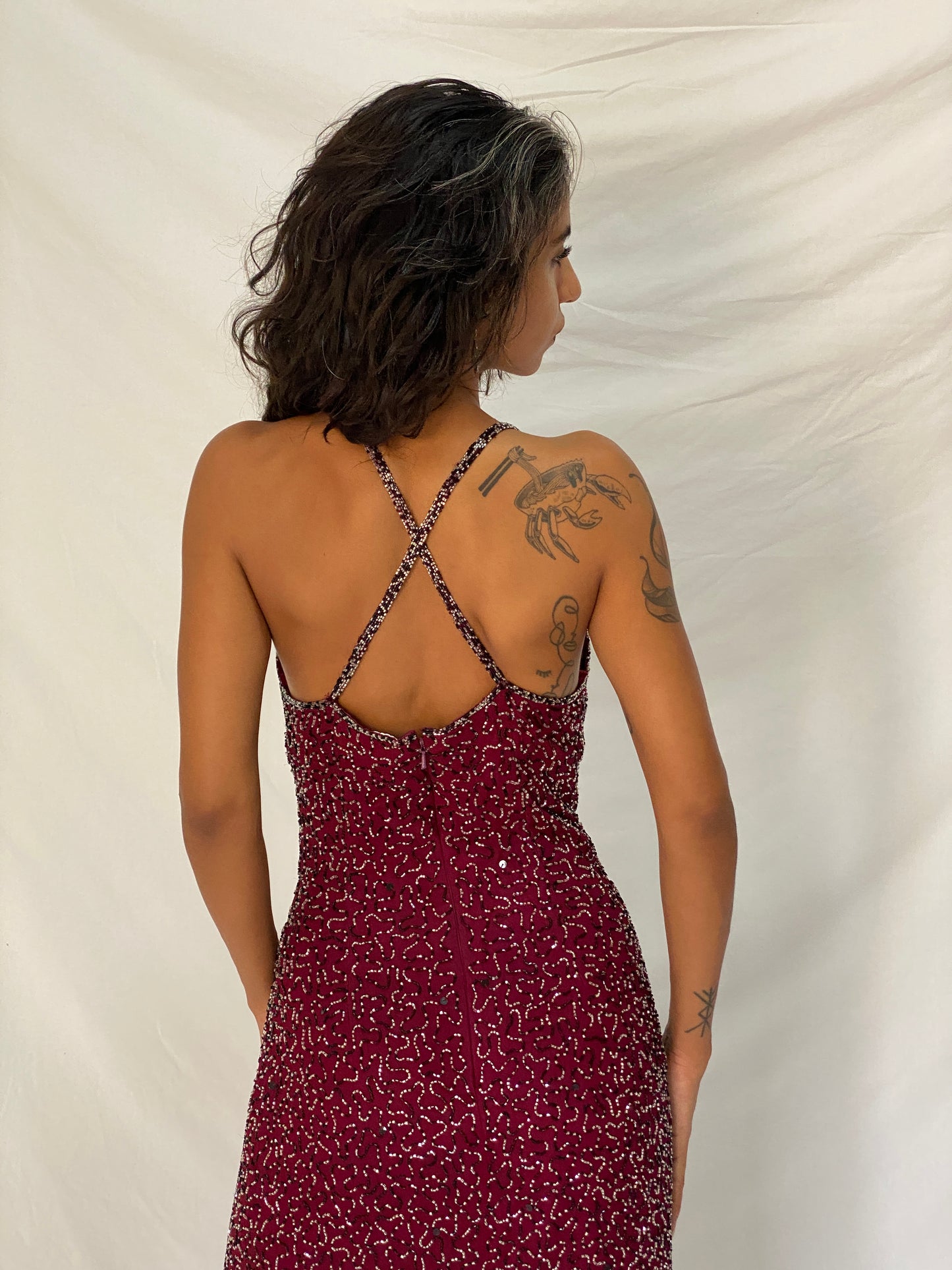 Vintage Romy Scala Burgundy 100% Silk Beaded Cross-Back Maxi Dress – M