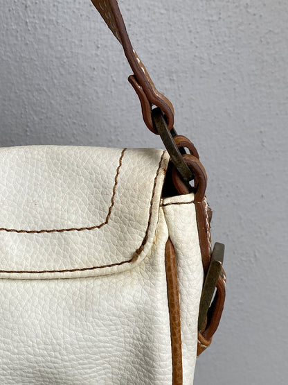 Vintage Y2K Mango Cream & Tan Leather Shoulder Bag Contrast Stitch Flap Mini Bag