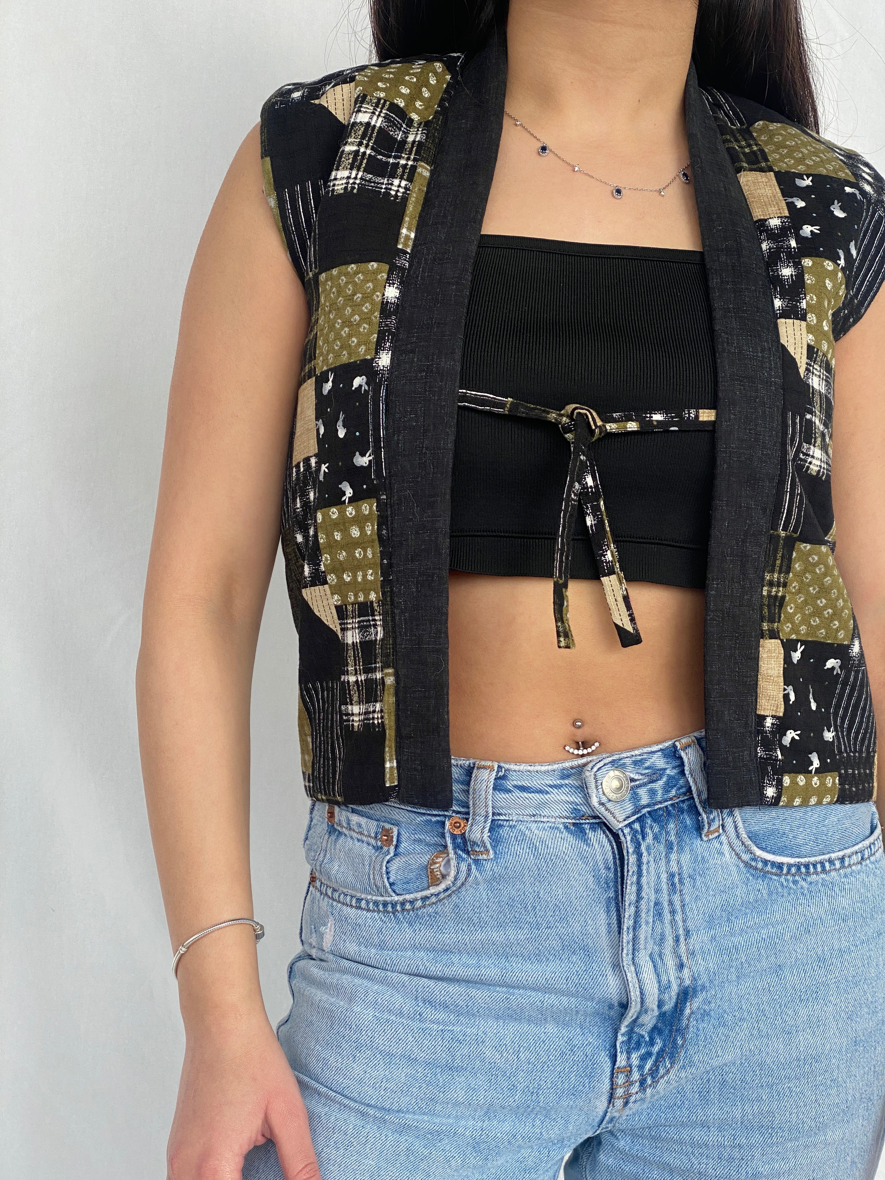 Vintage Japanese Green & Black Patchwork Tie-Front Vest with Embroidered Back - XS