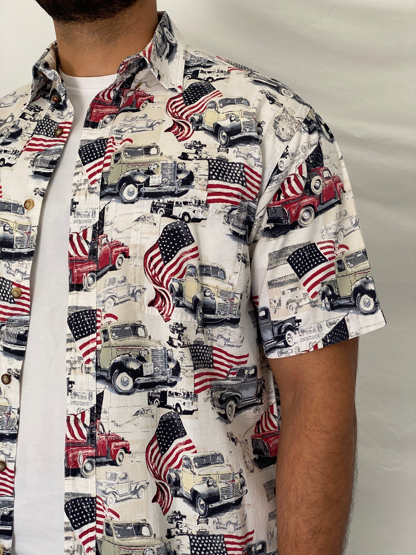 Vintage Boca Classics Americana Classic Cars & USA Flag Print Cotton Button-Down Shirt - L