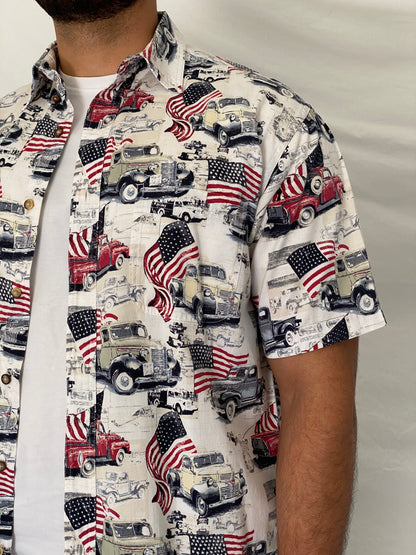 Vintage Boca Classics Americana Classic Cars & USA Flag Print Cotton Button-Down Shirt - L