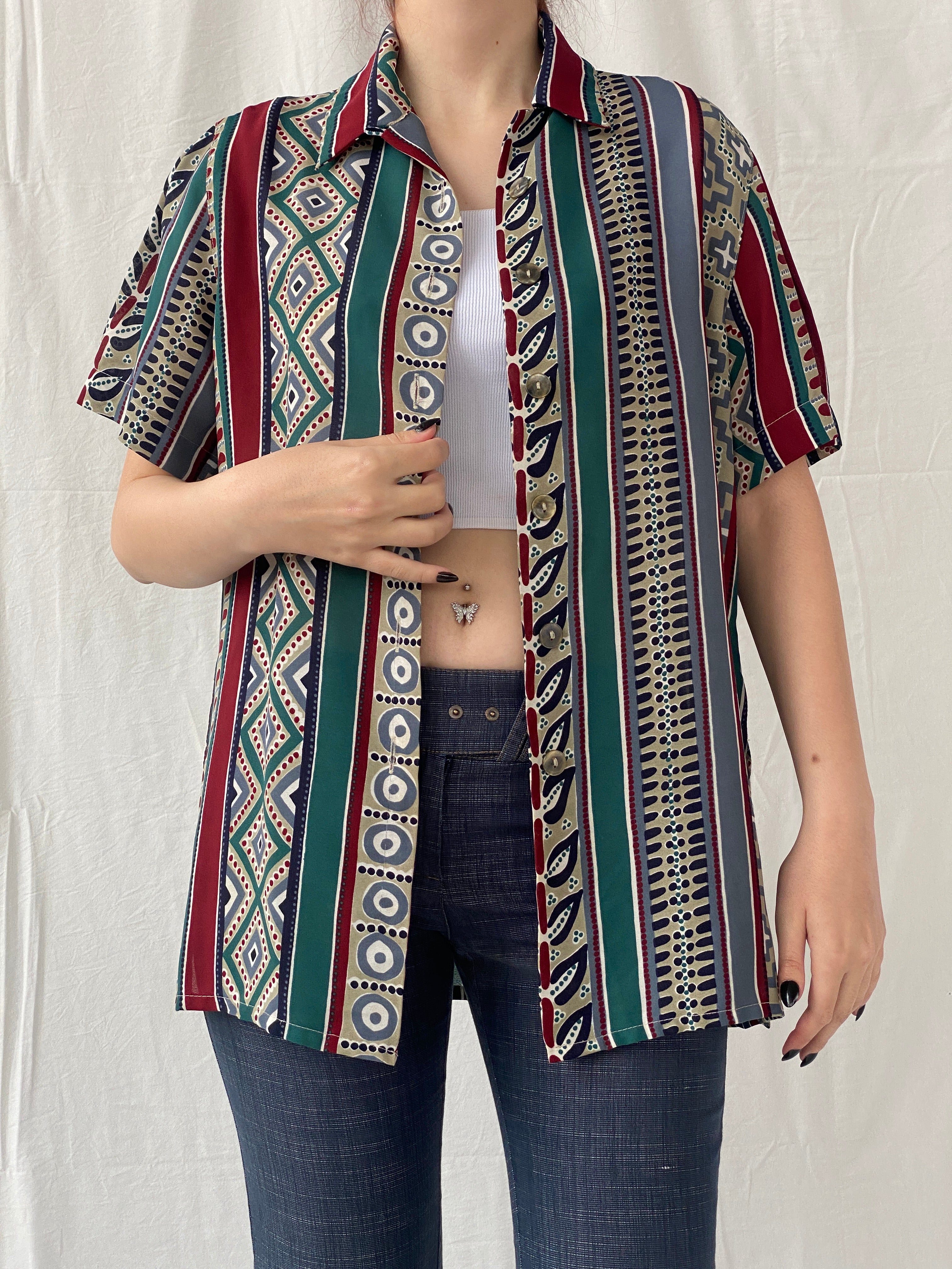 Vintage 90s Betty Barclay Striped Abstract Half Sleeve Women‘s Shirt - L