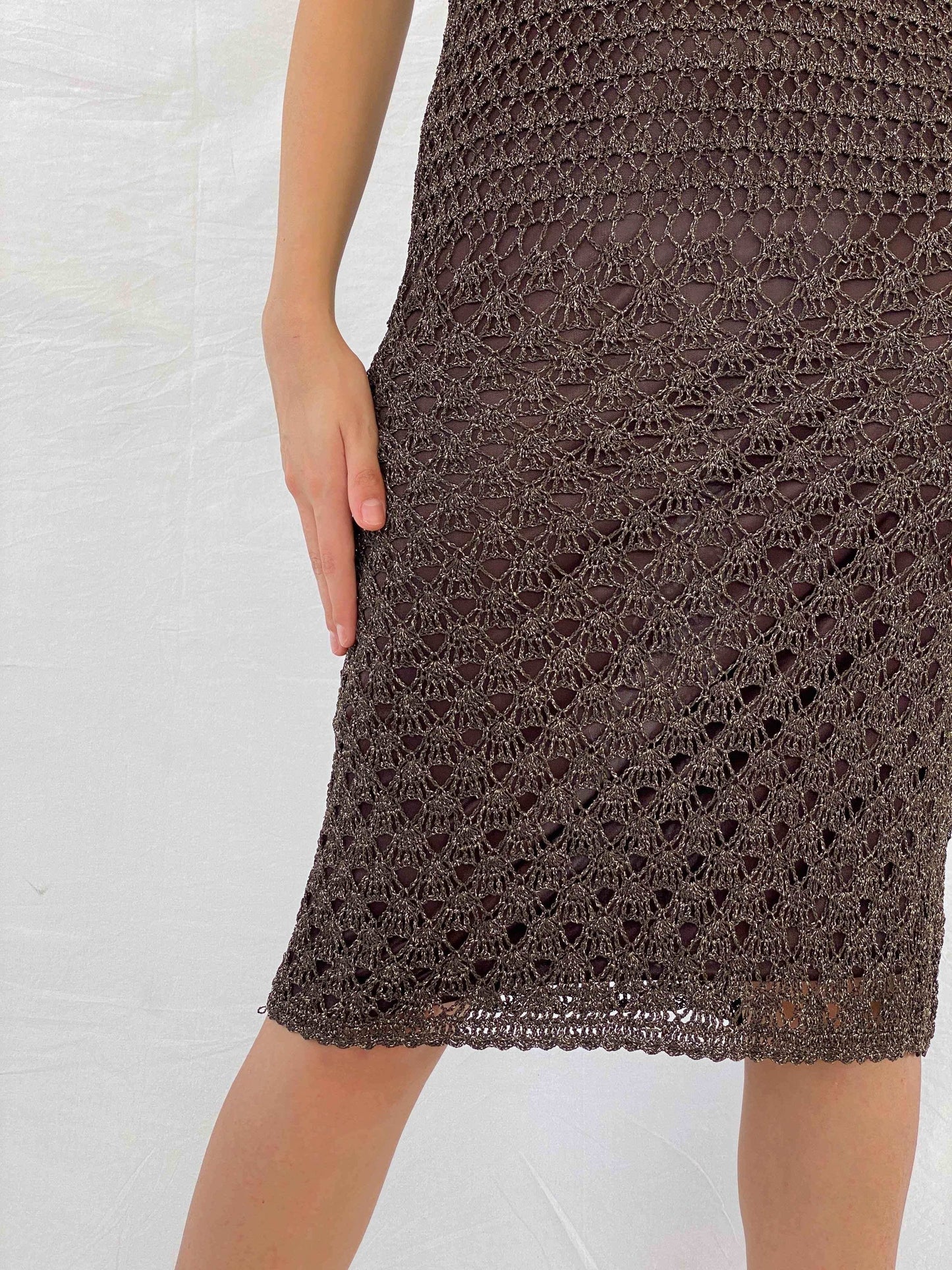 Vintage Glitz By Nexus Crochet Midi Brown&Gold Dress - Balagan Vintage Midi Dress 00s, 90s, crochet, dress, midi dress, Mira, NEW IN