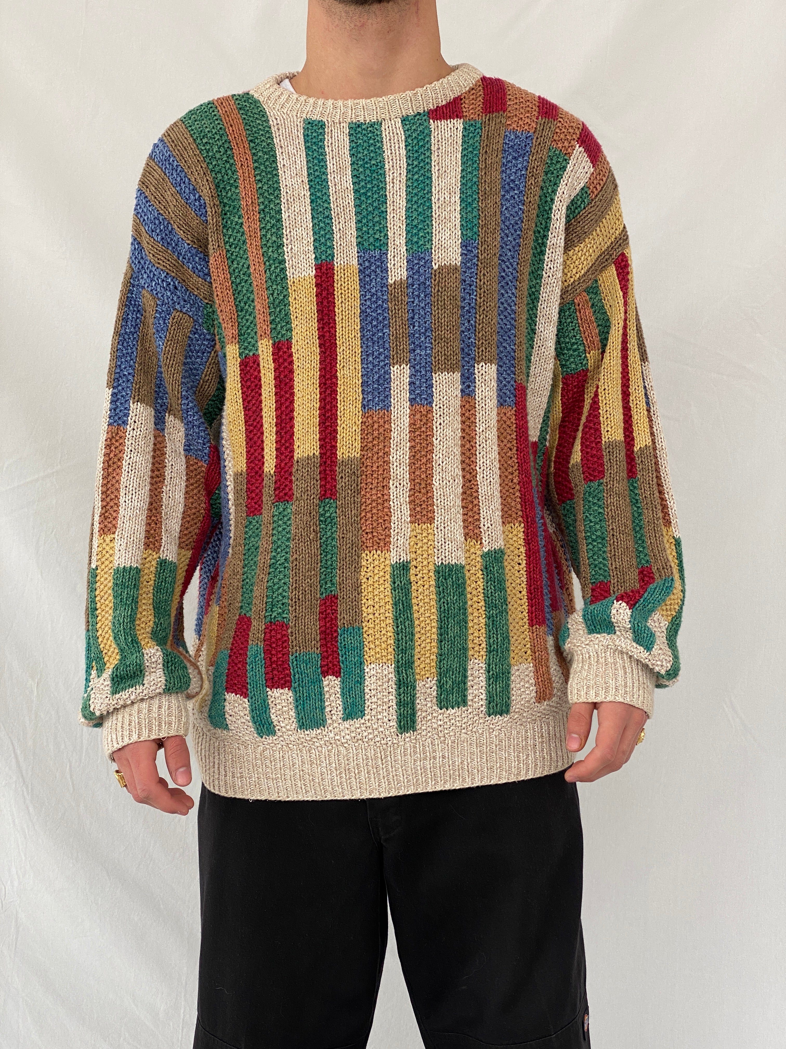 Vintage 90s Norm Thompson Men’s Crew Neck Color Block Striped Knit Sweater - XL
