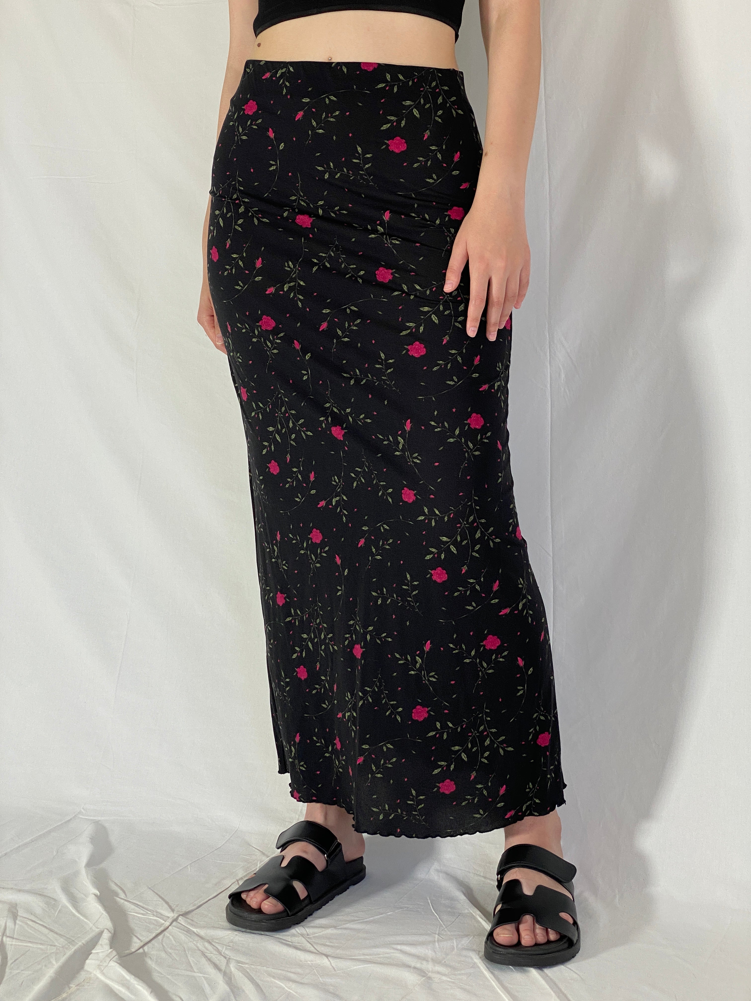 Vintage Y2K HENNES Collection Black Floral Maxi Skirt 90s/2000s Minimalist Everyday Skirt - M