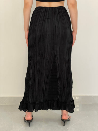 Vintage Y2K EV&RO Collection Black Pleated Ruffle Hem Maxi Skirt - M