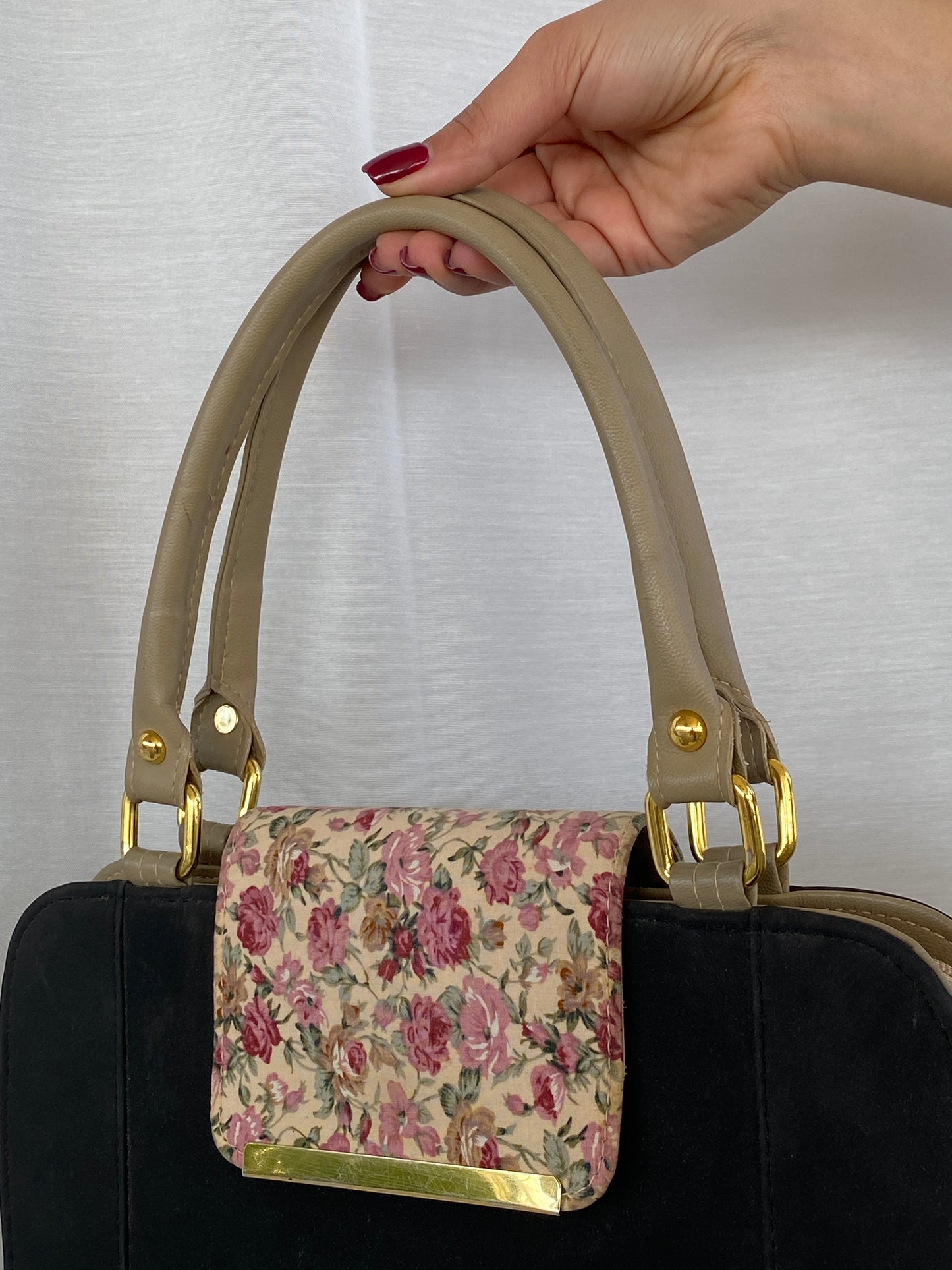 Black Canvas Beige Leather Handles Floral Closure Handbag