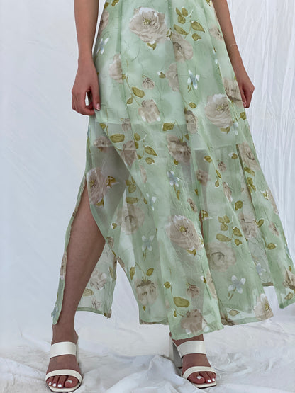 Vintage Handmade Mint Green Sheer Floral Print Maxi Dress - M