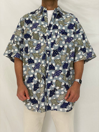 Vintage Guess Abstract Polka Dot Fish Print Blue Cotton Shirt – XL