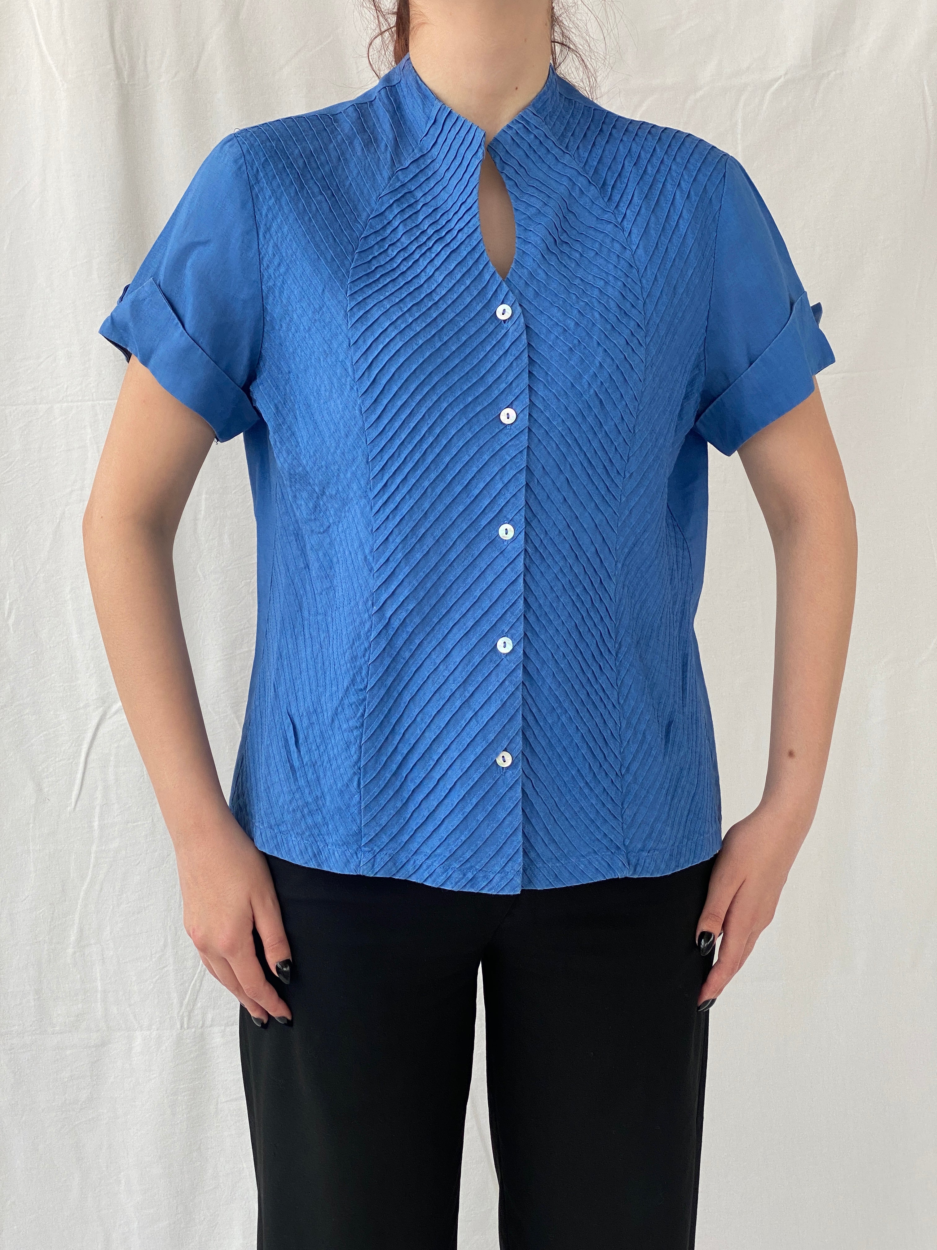 Beautiful Appraisal Blue Ramie Women’s Short Sleeve Buttoned Structured Shirt - L
