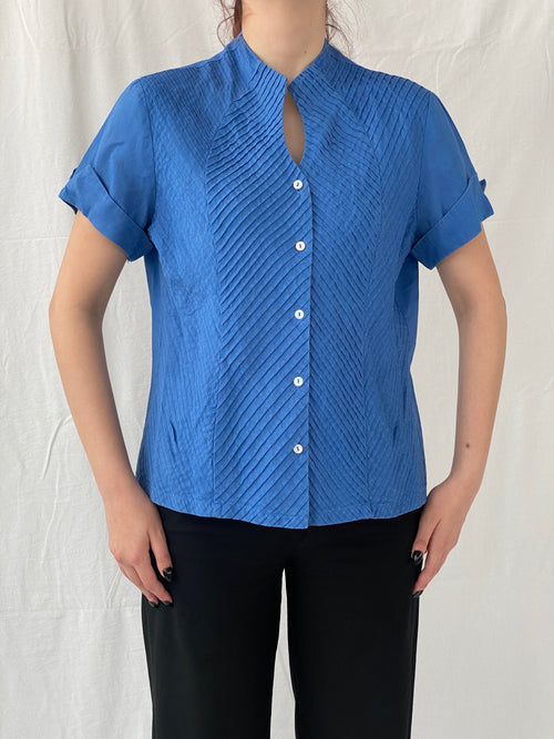 Beautiful Appraisal Blue Ramie Women’s Short Sleeve Buttoned Structured Shirt - L