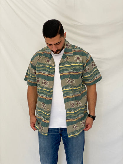 90s Bugle Boy Green Abstract Cotton Ramie Camp Shirt – M