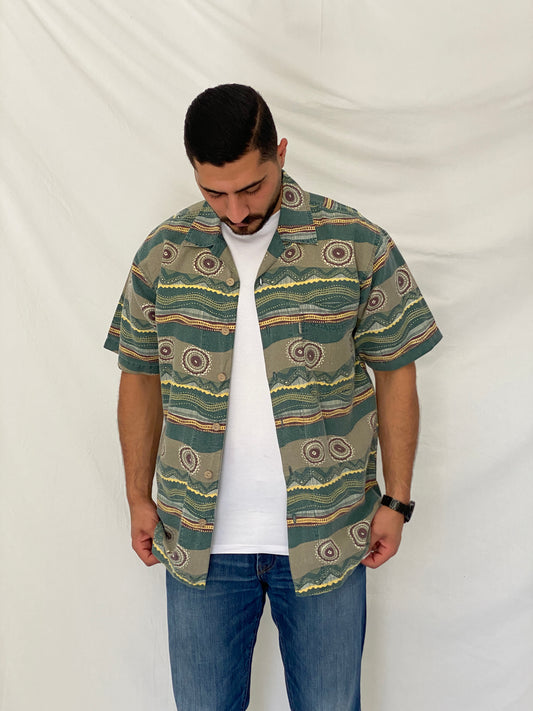 90s Bugle Boy Green Abstract Cotton Ramie Camp Shirt – M