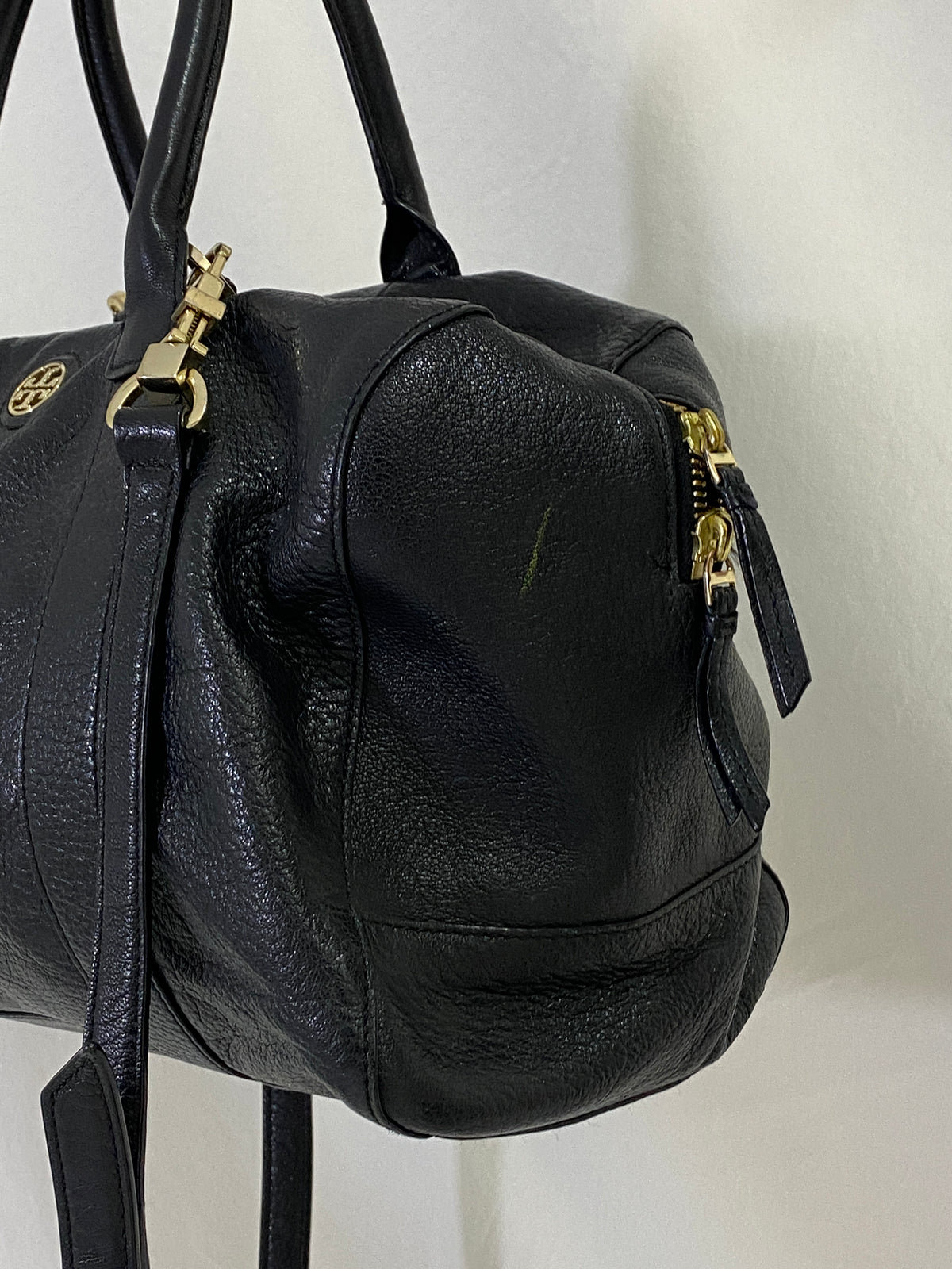 Tory Burch Marion Black Pebbled Leather Satchel Bowler Bag with Gold Hardware Tory Burch Marion Black Pebbled Leather Satchel Bowler Bag with Gold Hardware