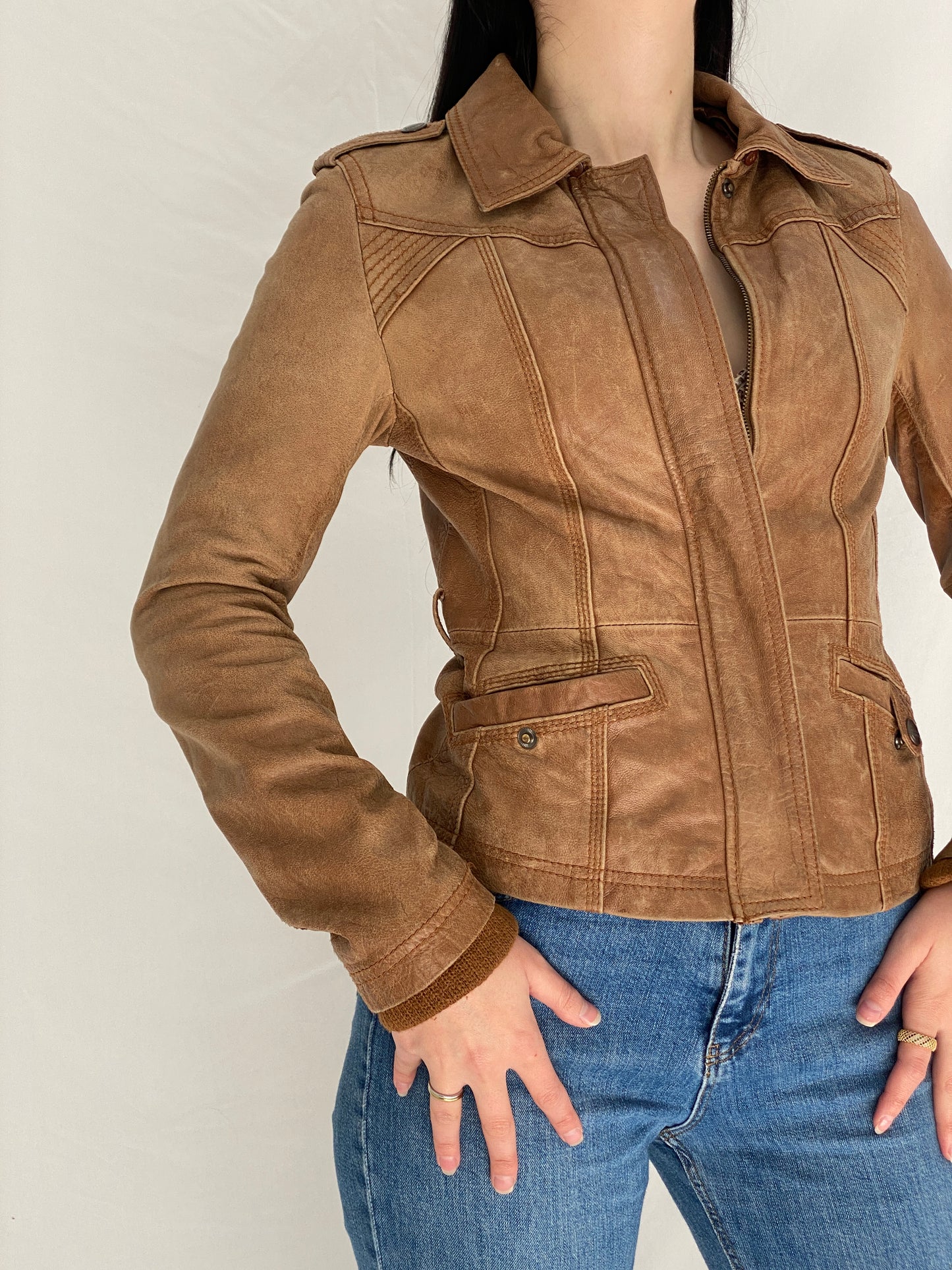 Vintage Y2K Stradivarius Brown Real Leather Moto Fitted Jacket - S