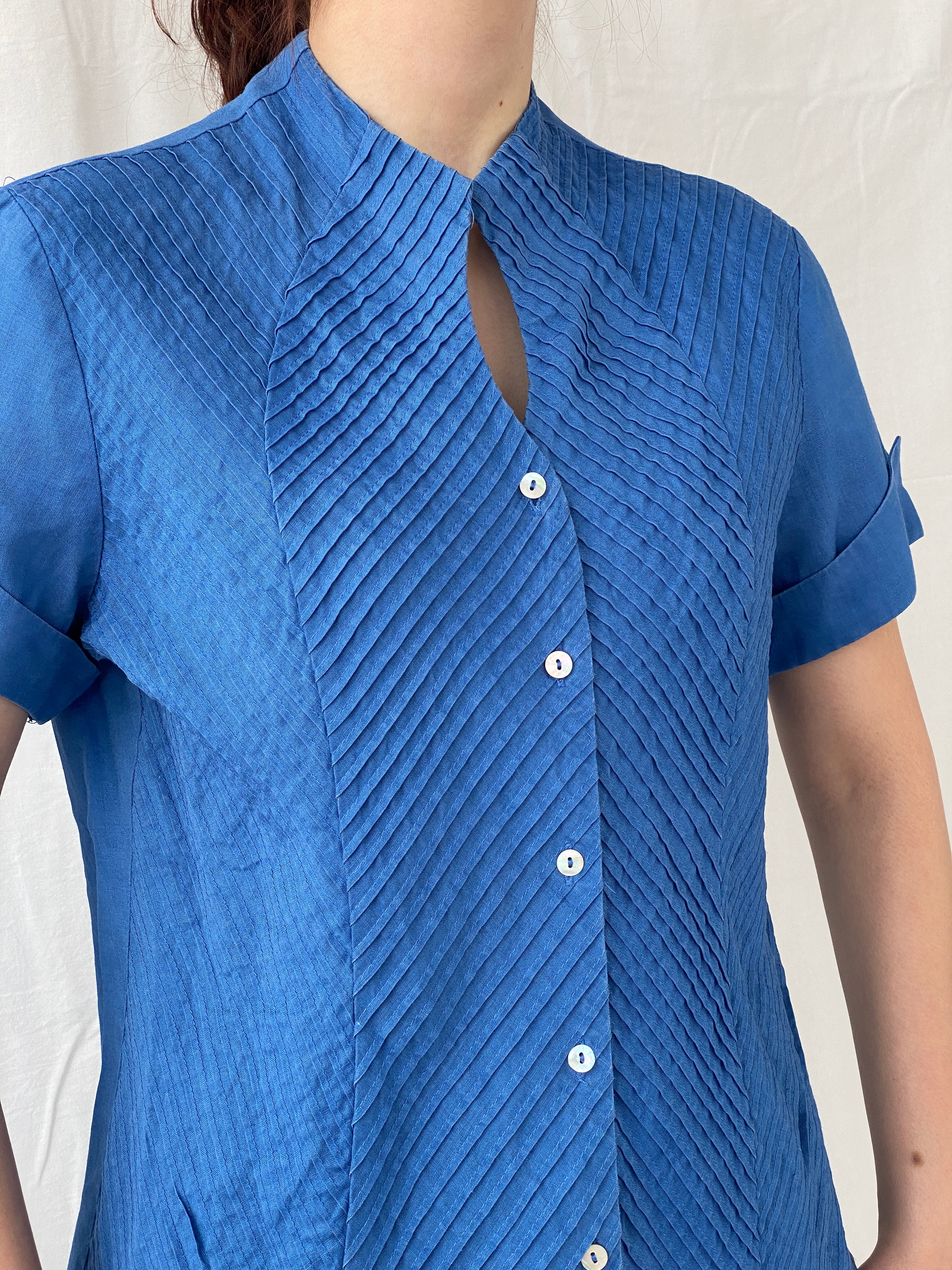 Beautiful Appraisal Blue Ramie Women’s Short Sleeve Buttoned Structured Shirt - L