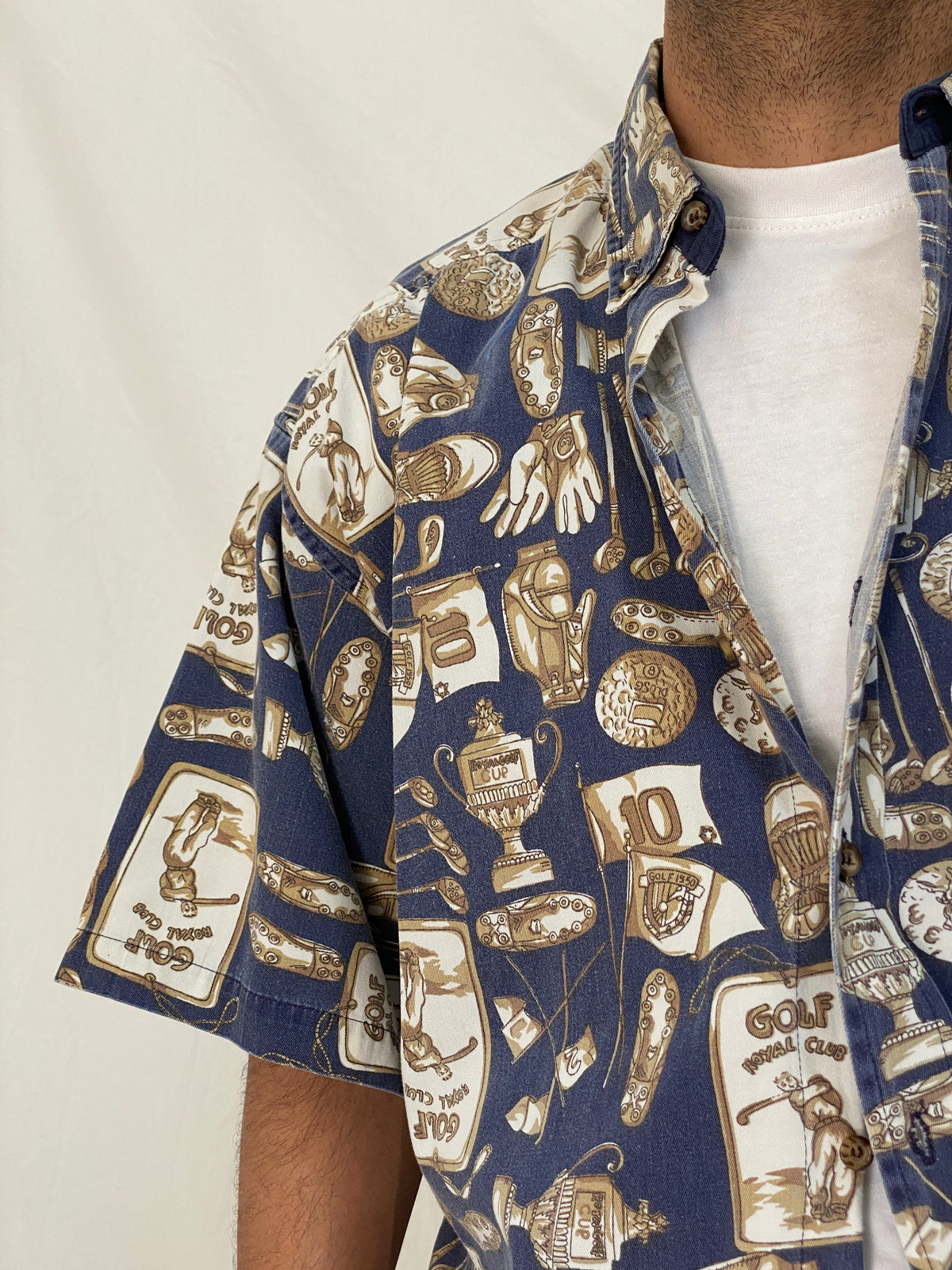 Vintage J.Riggings Golf Print Cotton Shirt Blue Beige Novelty Button Up – XL Vintage J.Riggings Golf Print Cotton Shirt Blue Beige Novelty Button Up – XL